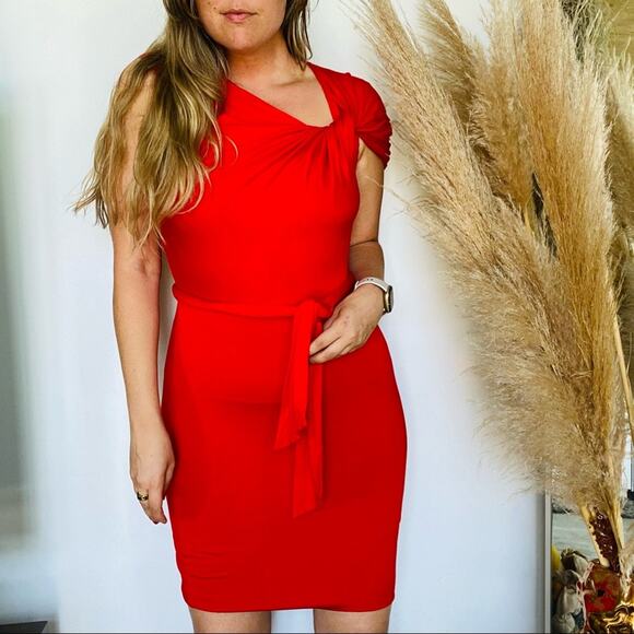 TRINA TURK Nordstrom Red Bodycon Twist Neck Tie Waist Knee Length Midi Dress 4 - Picture 1 of 8